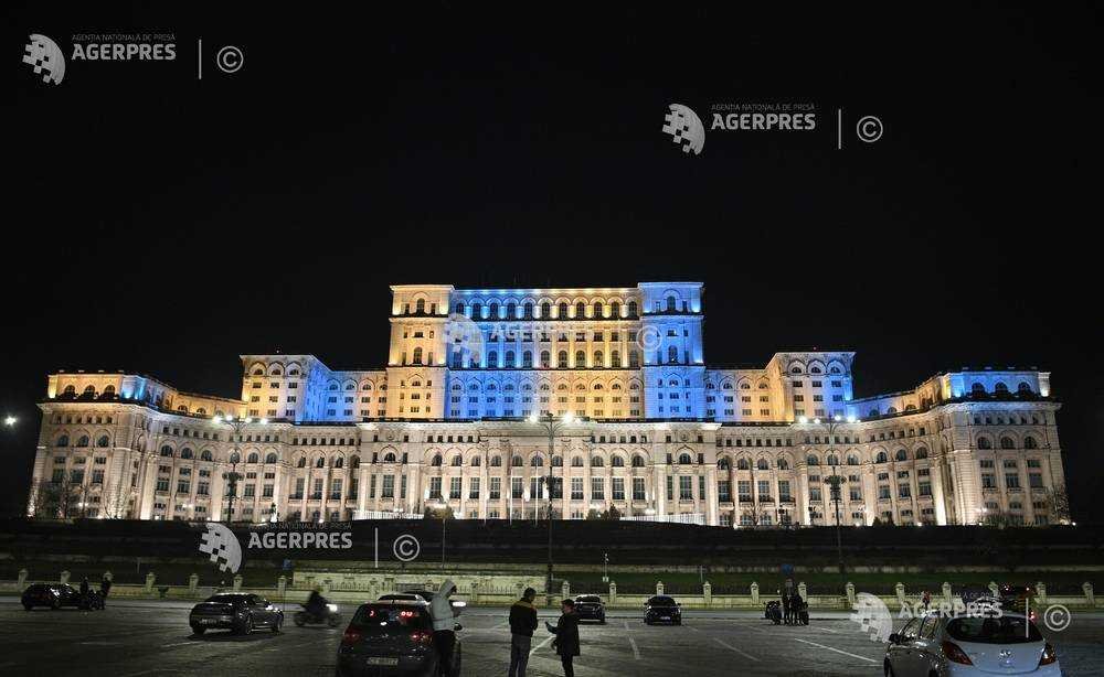 Parliament Palace in Bucharest Lit Up in Ukrainian Colors to Mark Anniversary of War
