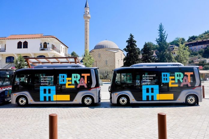 Electric buses serving tourists in Albania's Berat