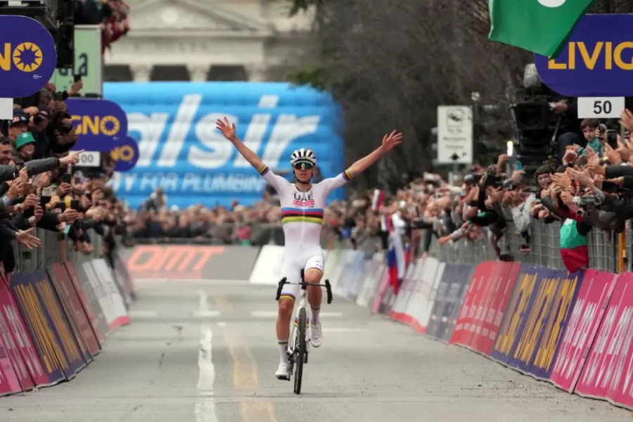 Slovenian cycling superstar celebrates his 2024 Lombardia win